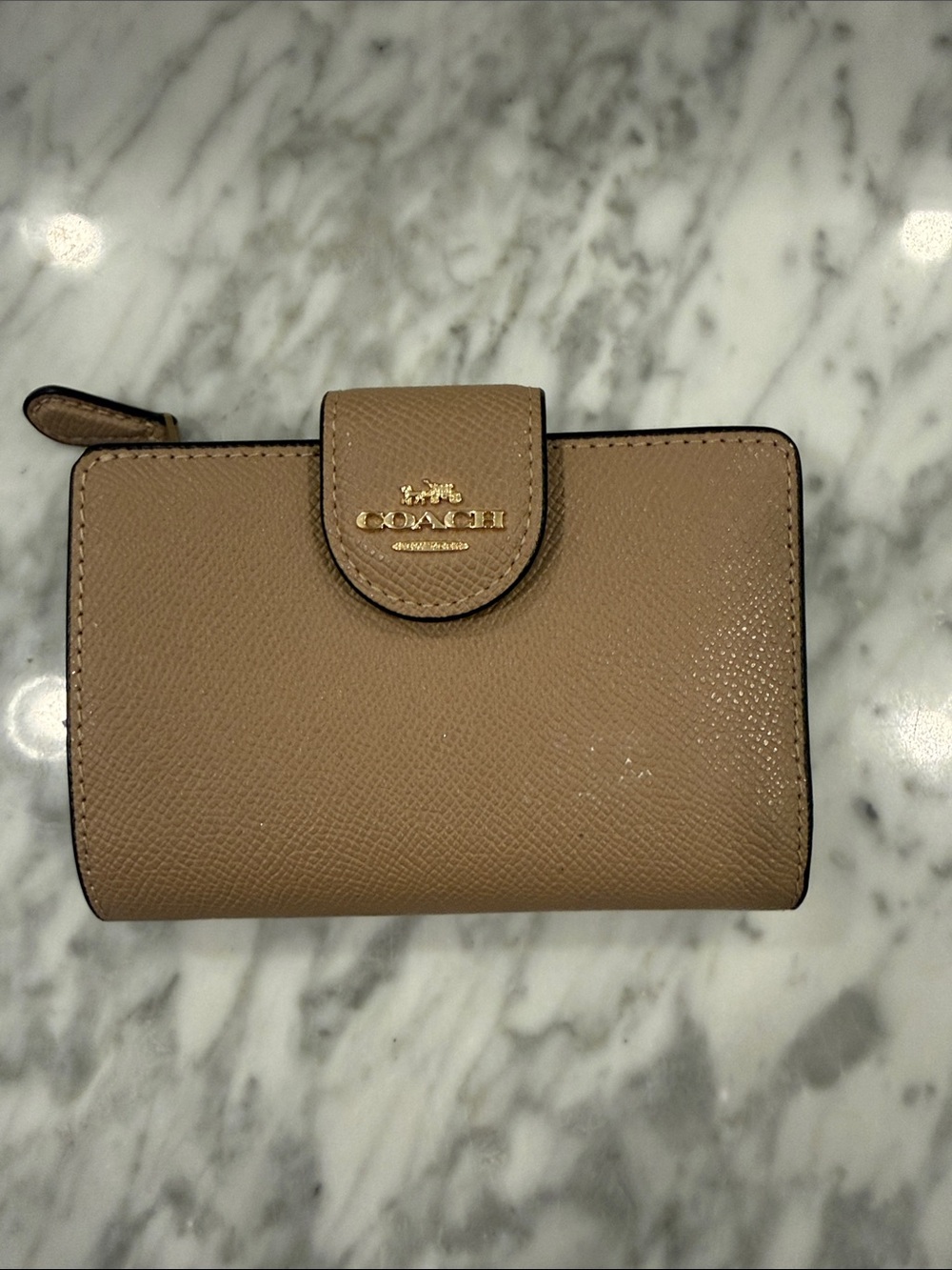 Coach Taupe Compact Leather Wallet with Gold Logo